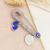 Royal Blue Mashallah Diamante Silver Plated 4 Qul, Allah, Evil Eye Stroller Baby Pin - Muslim, Islamic, Name, Custom