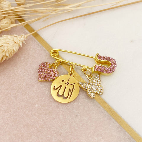 Mini Gold and Pink Crystal Pin with Allah Charm