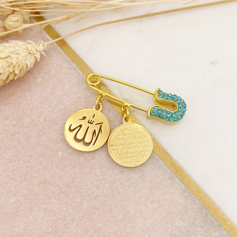 Mini Gold Blue Crystal Pin with Allah and Ayatul Kursi Charm