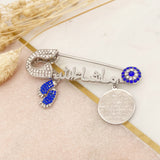 Royal Blue Arabic Mashallah Diamante Silver Plated 4 Qul, Allah, Evil Eye Stroller Baby Pin - Muslim, Islamic, Name, Custom