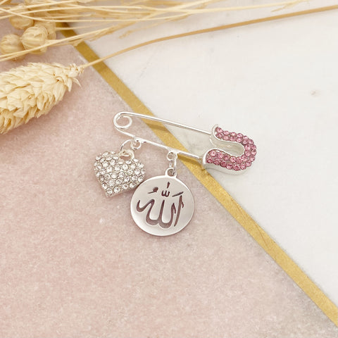 Mini Silver and Pin Crystal Pin with Allah Charm