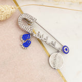 Royal Blue Arabic Mashallah Diamante Silver Plated 4 Qul, Allah, Evil Eye Stroller Baby Pin - Muslim, Islamic, Name, Custom