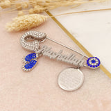 Royal Blue Mashallah Diamante Silver Plated 4 Qul, Allah, Evil Eye Stroller Baby Pin - Muslim, Islamic, Name, Custom