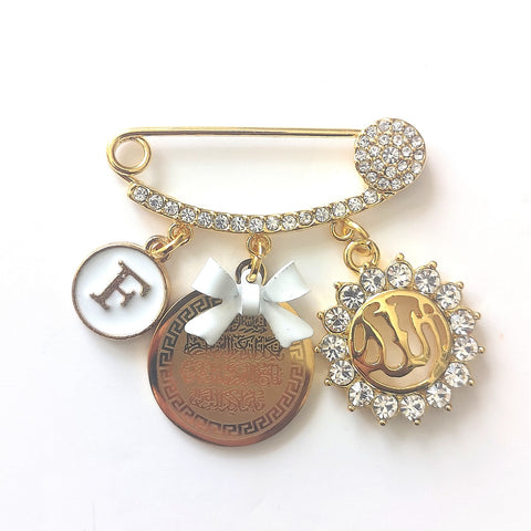 Neutral Crystal Diamante Personalised Initial Ayatul Kursi &  Crystal Allah Mini Pin - Gender Neutral, Unisex.