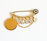 Gold Rhinestone Personalised Evil Eye Pin with Ayatul Kursi Charm - 4 Colours