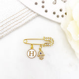 Personalised Mini Hamsa Hand Initial Baby Clothing Pin, Protection, Good Luck Charm, Keepsake, New Baby, Mum to Be, Brooch