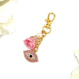 Exclusive Gold Crystal Pink Evil Eye Shaped Bag Charm, Keyring, Keychain, Protection